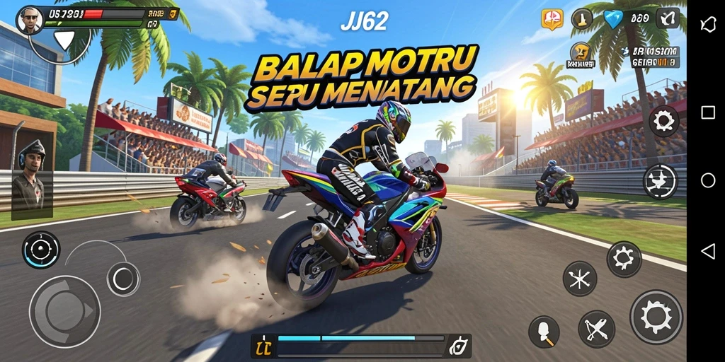 Screenshot gameplay JJ62 menampilkan balapan motor yang seru.