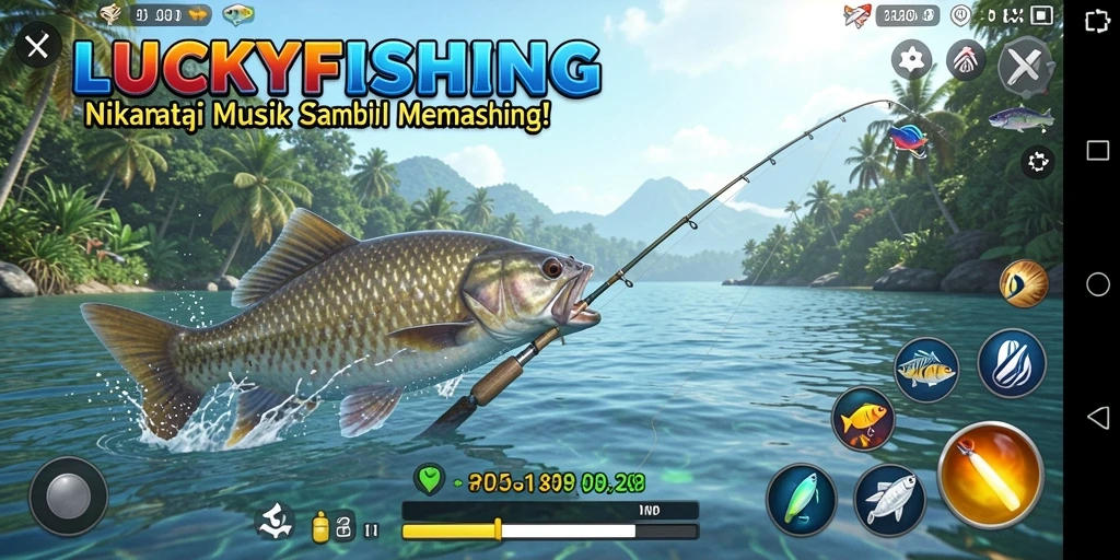 Tampilan gameplay LUCKYFISHING dengan alunan musik yang seru.